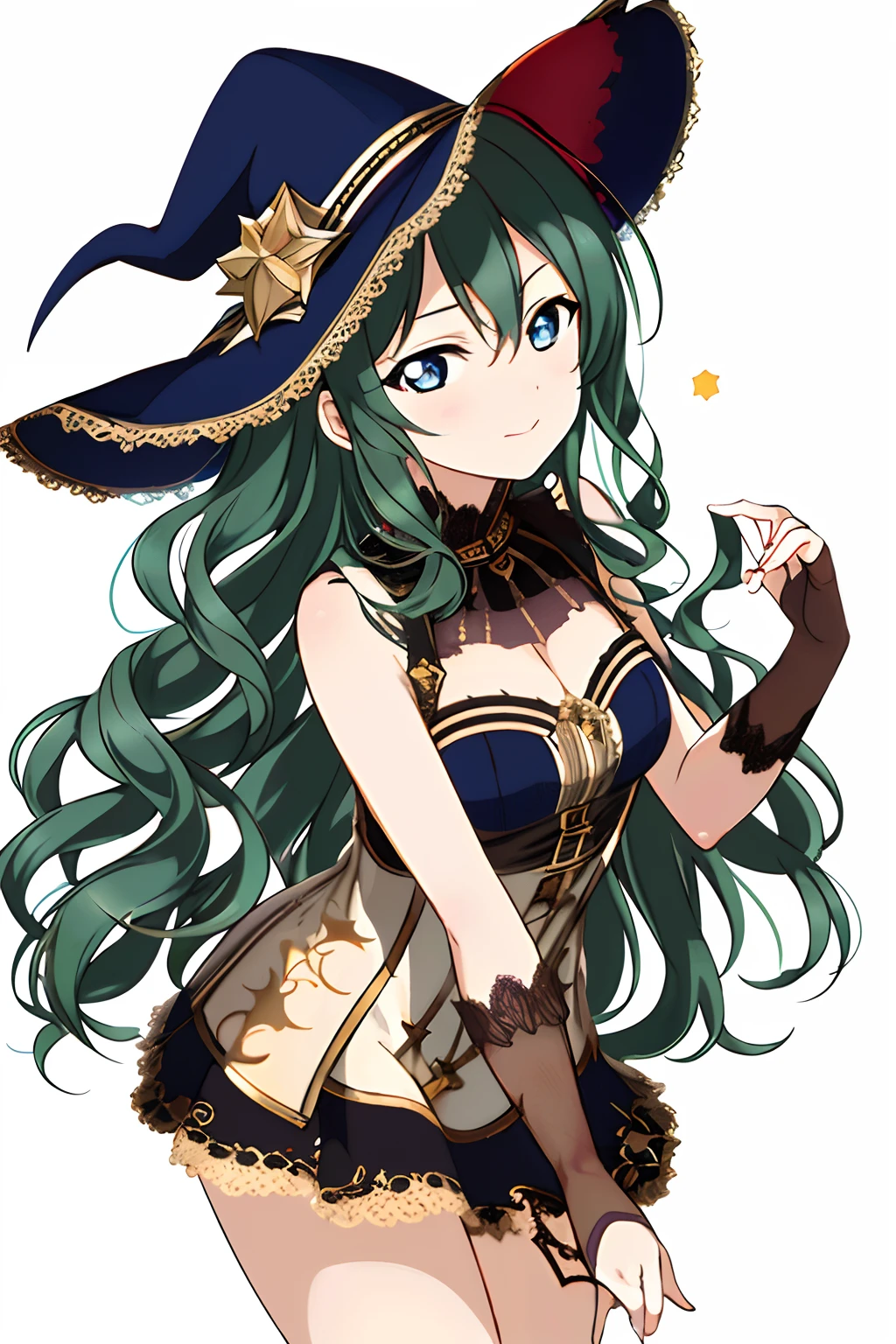 masterpiece, best quality, masterpiece, (1girl), (LLChar),witch, dark energy, blue eyes, (extremely evil), dark magic, dark forest, negaive energy, hell, void, stars, green hair, curly hair,