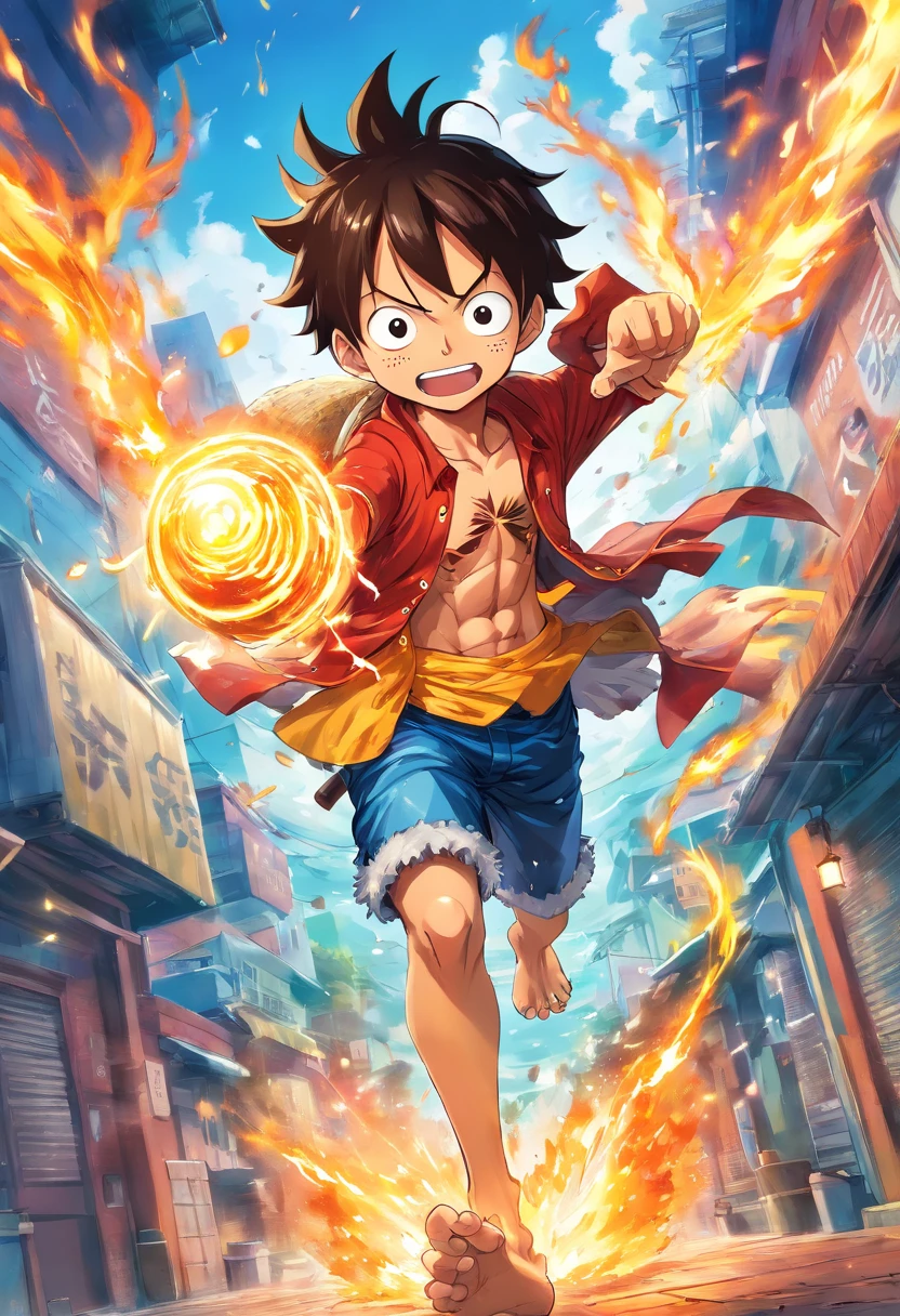 Create an exciting poster with Luffy from "one piece" em um ataque de raiva, wolf-headed. Capture the essence of his fiery determination and unyielding spirit as he unleashes his wrath on his enemies. Mantenha-o curto, ousado, e intenso para transmitir o poder bruto da raiva de Luffy. formata chibi, anime