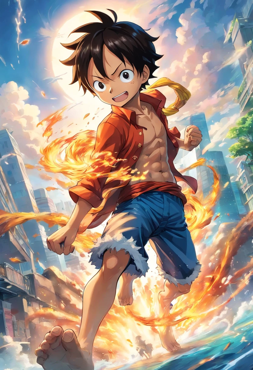 Create an exciting poster with Luffy from "one piece" em um ataque de raiva, wolf-headed. Capture the essence of his fiery determination and unyielding spirit as he unleashes his wrath on his enemies. Mantenha-o curto, ousado, e intenso para transmitir o poder bruto da raiva de Luffy. formata chibi, anime