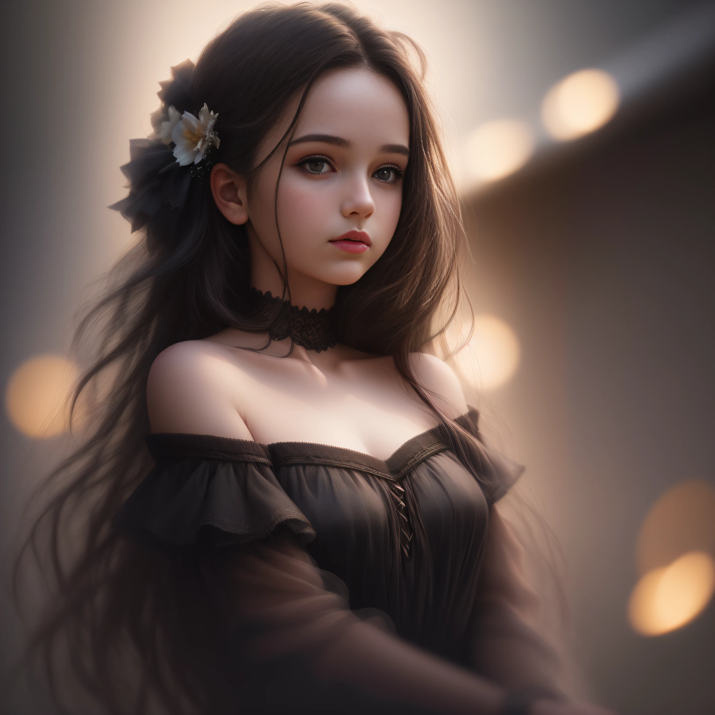 Best quality, masterpiece, ultra high res, (photorealistic:1.4), raw photo, 1girl, offshoulder, in the dark background, deep shadow, low key, cold light