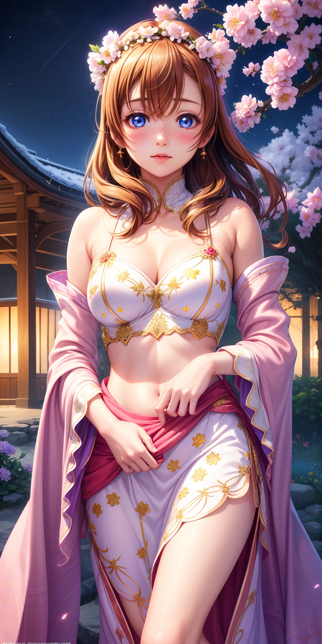 (best quality, realistic:1.2), kousaka honoka, long hair, stunning eyes, mesmerizing glowing eyes, long dress with sleeves, midriff, delicate blush, enchanting night scenery, blooming flowers under the moonlight, warm sunlight filtering through the branches and casting a gentle glow, cleavage open