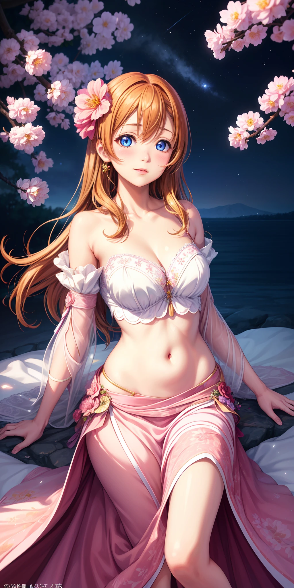 (best quality, realistic:1.2), kousaka honoka, long hair, stunning eyes, mesmerizing glowing eyes, long dress with sleeves, midriff, delicate blush, enchanting night scenery, blooming flowers under the moonlight, warm sunlight filtering through the branches and casting a gentle glow, cleavage open