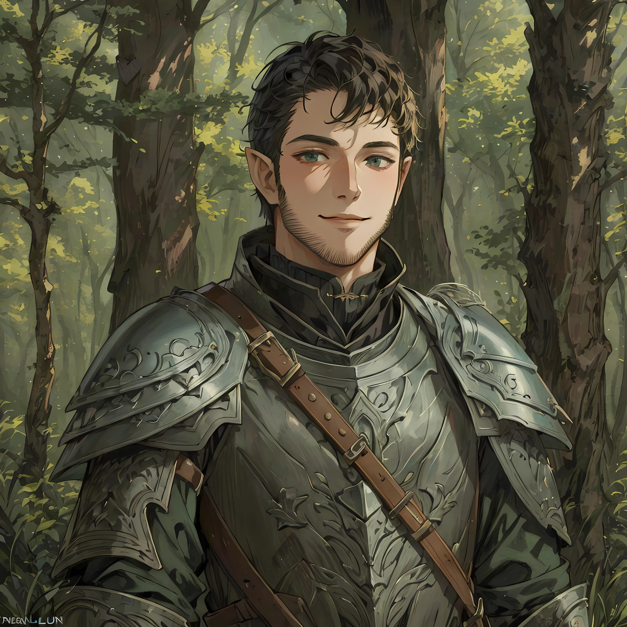 there is a man in armor standing in the woods, a portrait of a male elf, fantasy male portrait, arsen lupin as a paladin, fantasy art smug smile man, male elf ranger, portrait of fin wildcloak, dnd character art portrait, fantasy character portrait, detailed character portrait, character art portrait, fantasy characture portrait, character portrait art