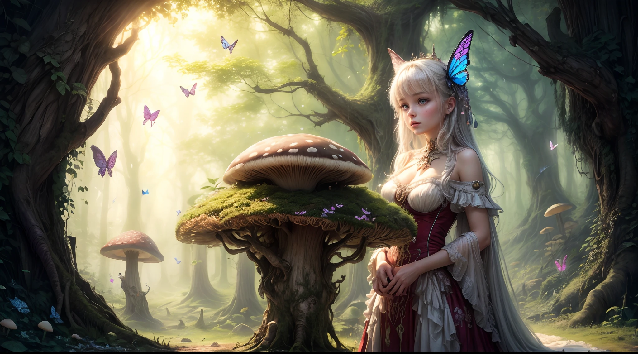 "Enchanting scene, girl and the colossal mushroom, delicate butterflies, mystical mist, ethereal magic, detailed and vivid imagery"