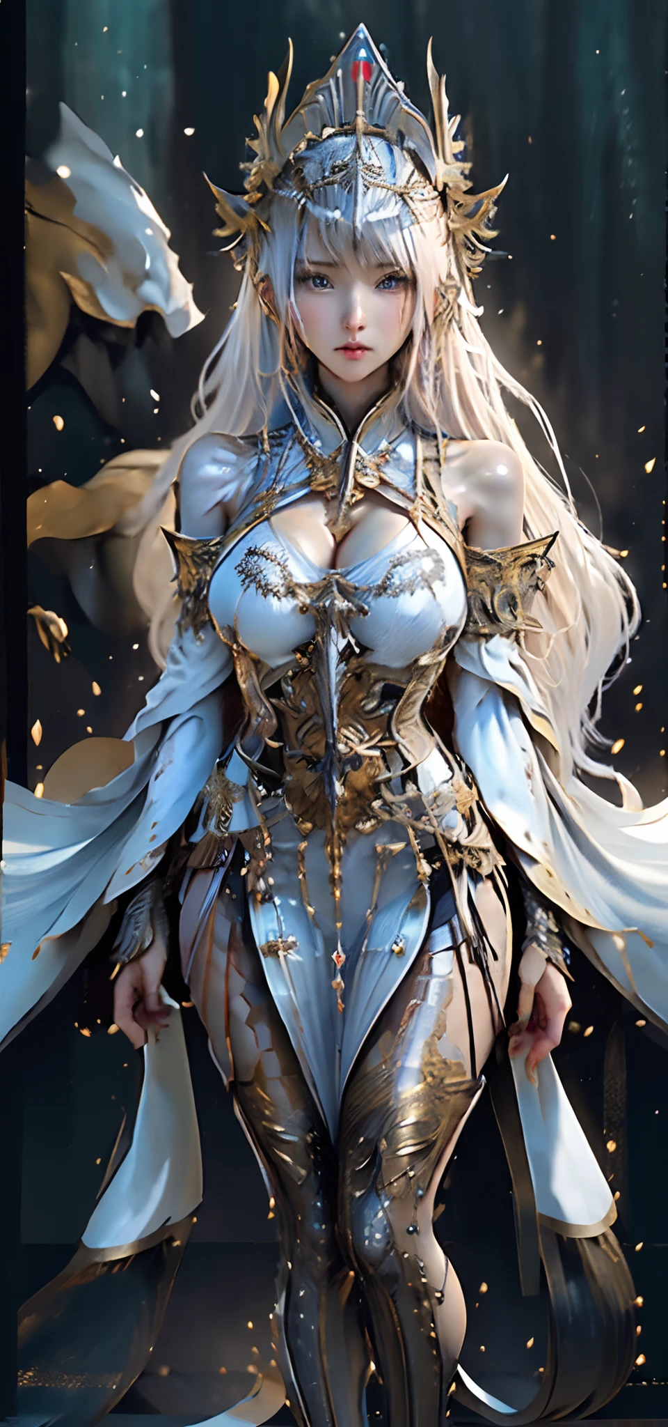 (( (tmasterpiece),(Very detailed CG Unity 8K wallpaper),best qualtiy,cinmatic lighting,细致背景,beatiful detailed eyes,Bright pupils,(Very fine and beautiful),(Beautiful and detailed eyes description),ultra - detailed,tmasterpiece,hight resolution)), Curly, ((Sexy Bikini Arms:1.4)), Richly decorated gold armor, a beautiful woman warrior, Long hair, (Platinum Blonde Hair), cleavage of the breast