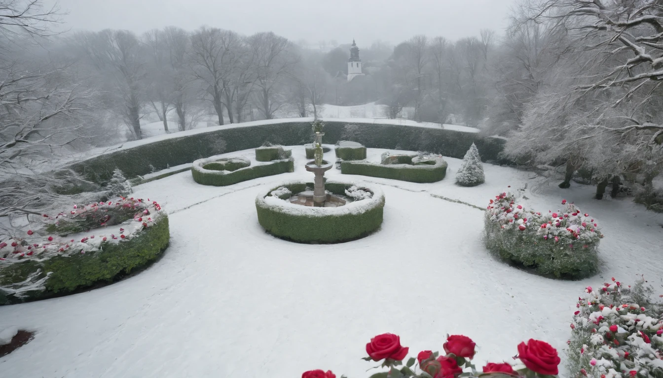aerial view, medieval rose garden in the snow with blooming Hungarian roses and a spiraling path, gothic, beautiful, cinematic scene from film, ultra detailed, high res, 8k, cinematic