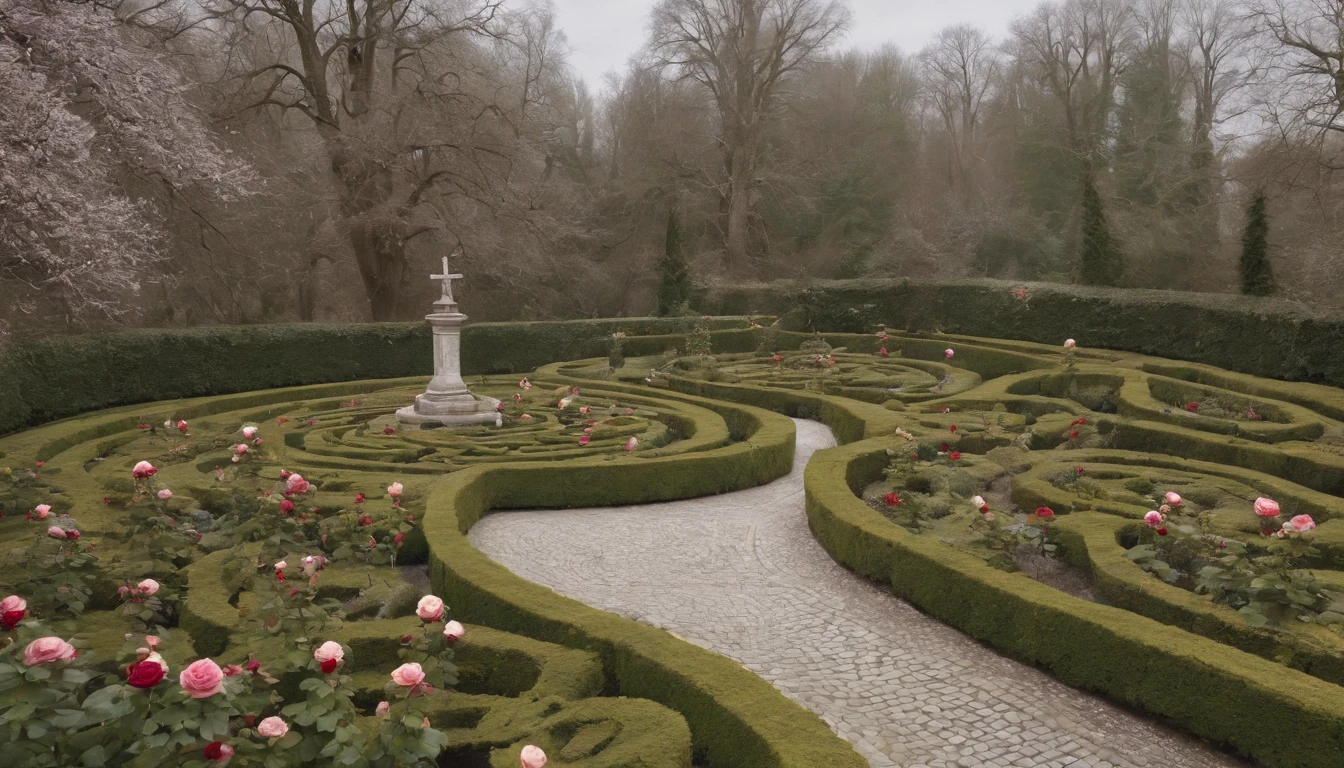 aerial view, medieval rose garden in the snow with blooming Hungarian roses and a spiraling path, gothic, beautiful, cinematic scene from film, ultra detailed, high res, 8k, cinematic