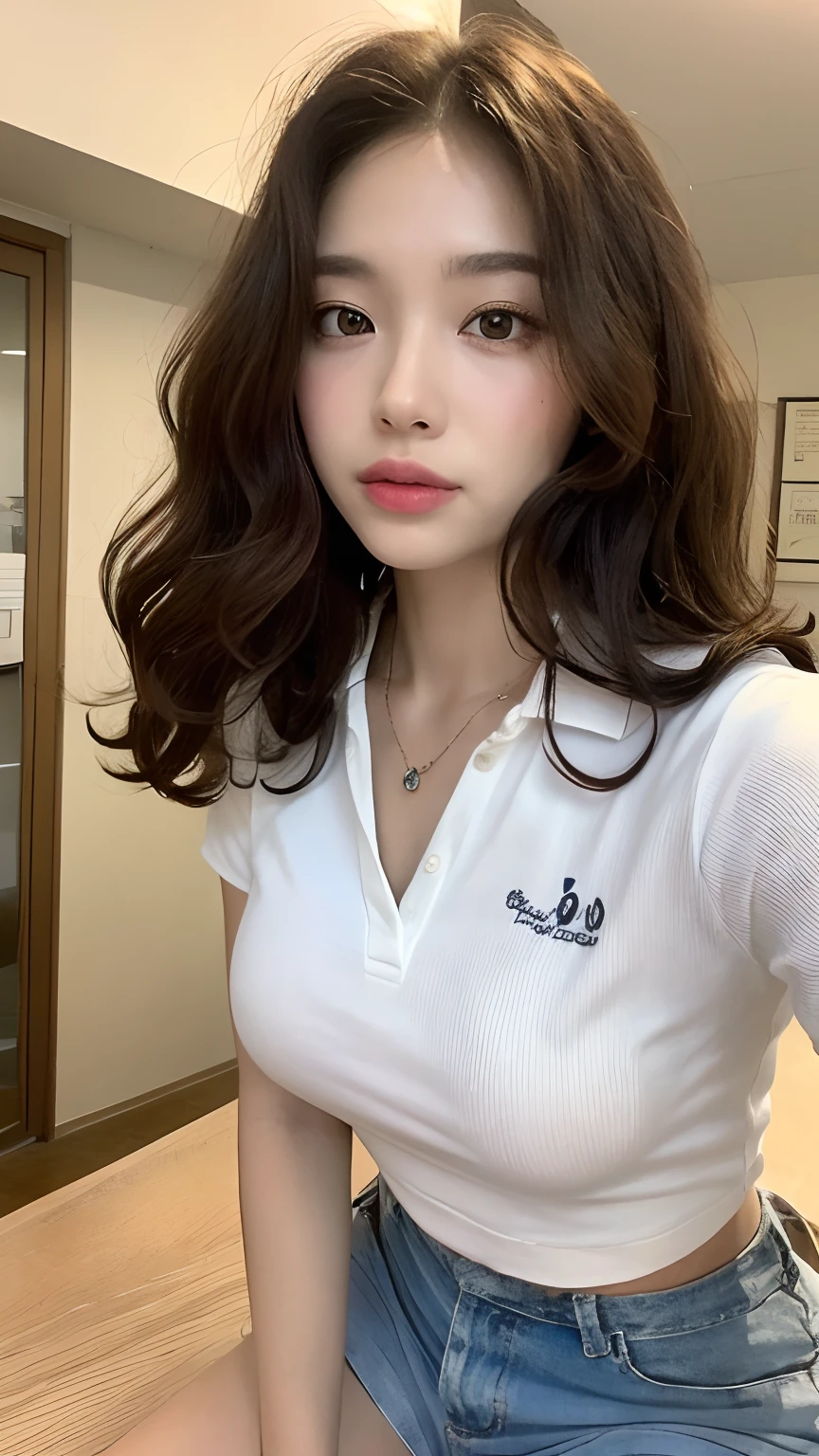 ((best qualtiy, 8K, tmasterpiece:1.3)), Focus:1.2, perfect figure beautiful woman:1.4, Cocked buttocks:1.2, ((Random Long Thick Hairstyle) ((Brown Wavy Hair In Big Curls))(Long white legs:1.3,(Polo shirt With Shorts:1.2) , (inside in room: 1.2), Highly detailed facial and skin texture, A detailed eye, 二重まぶた,Whiten skin,(Straight big breasts:1.3), looking at camera, Wear a necklace,