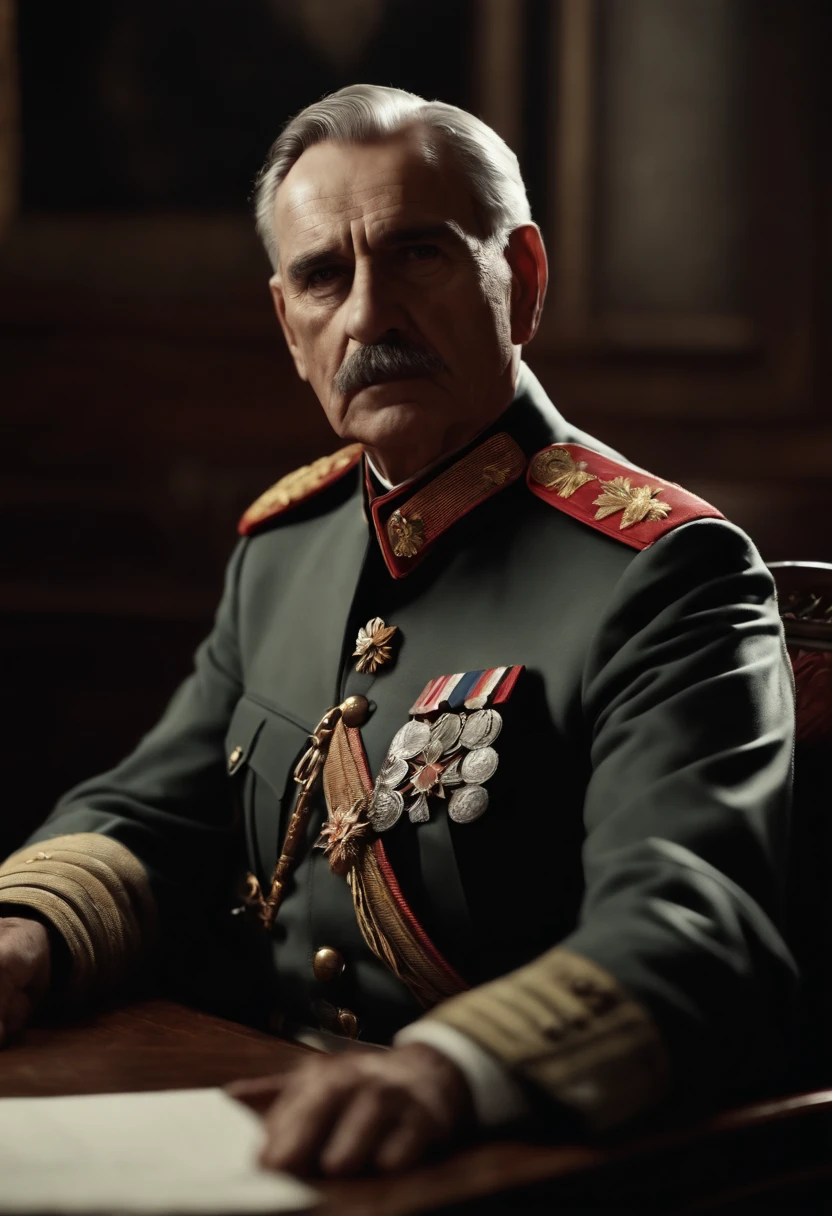 50 year old man, Her hair is short, auburn brown, Her eyes are almond-shaped, Her skin is white, Her expression is serious and kind, He is wearing his United States Army General uniform., Digital illustration of video game characters