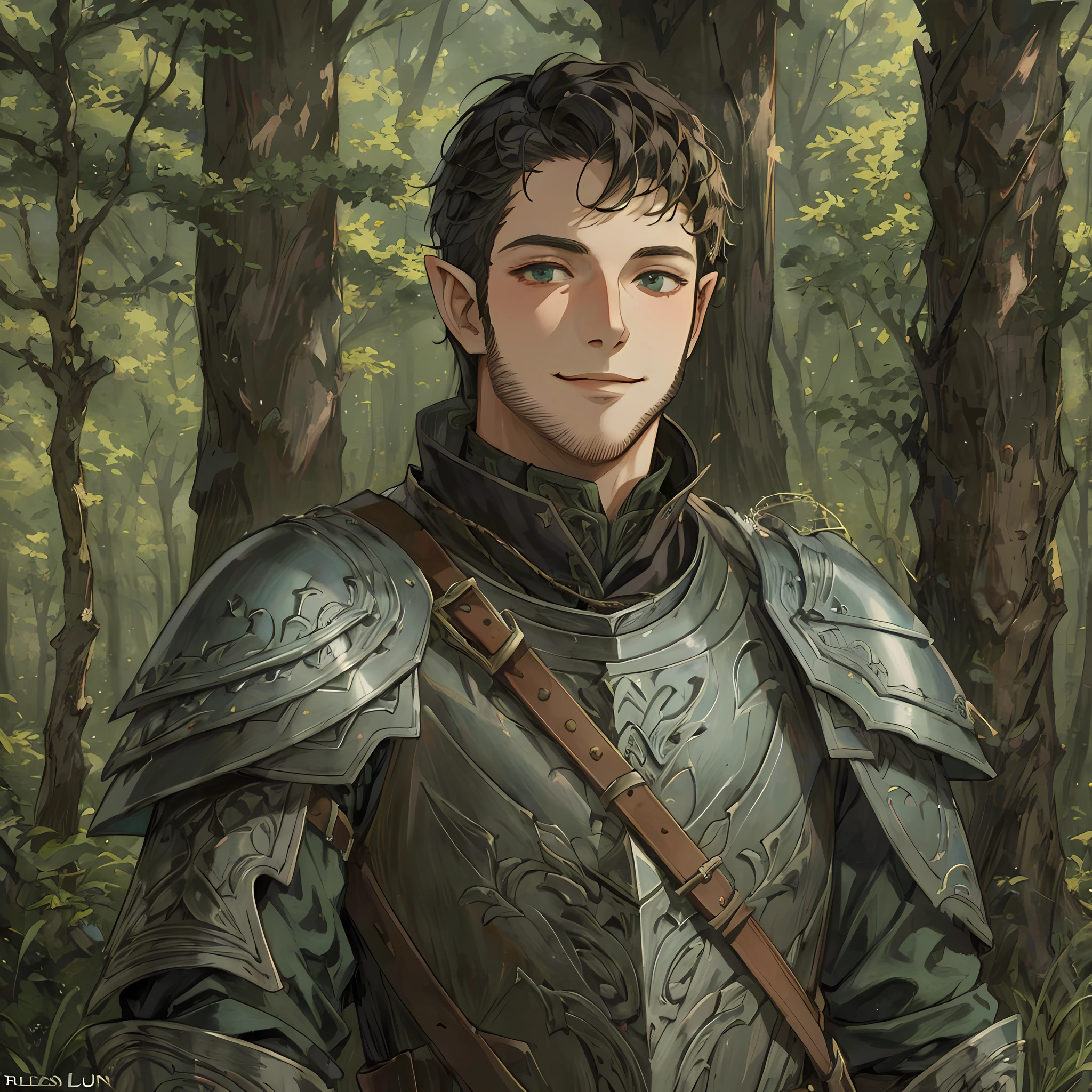 there is a man in armor standing in the woods, a portrait of a male elf, fantasy male portrait, arsen lupin as a paladin, fantasy art smug smile man, male elf ranger, portrait of fin wildcloak, dnd character art portrait, fantasy character portrait, detailed character portrait, character art portrait, fantasy characture portrait, character portrait art
