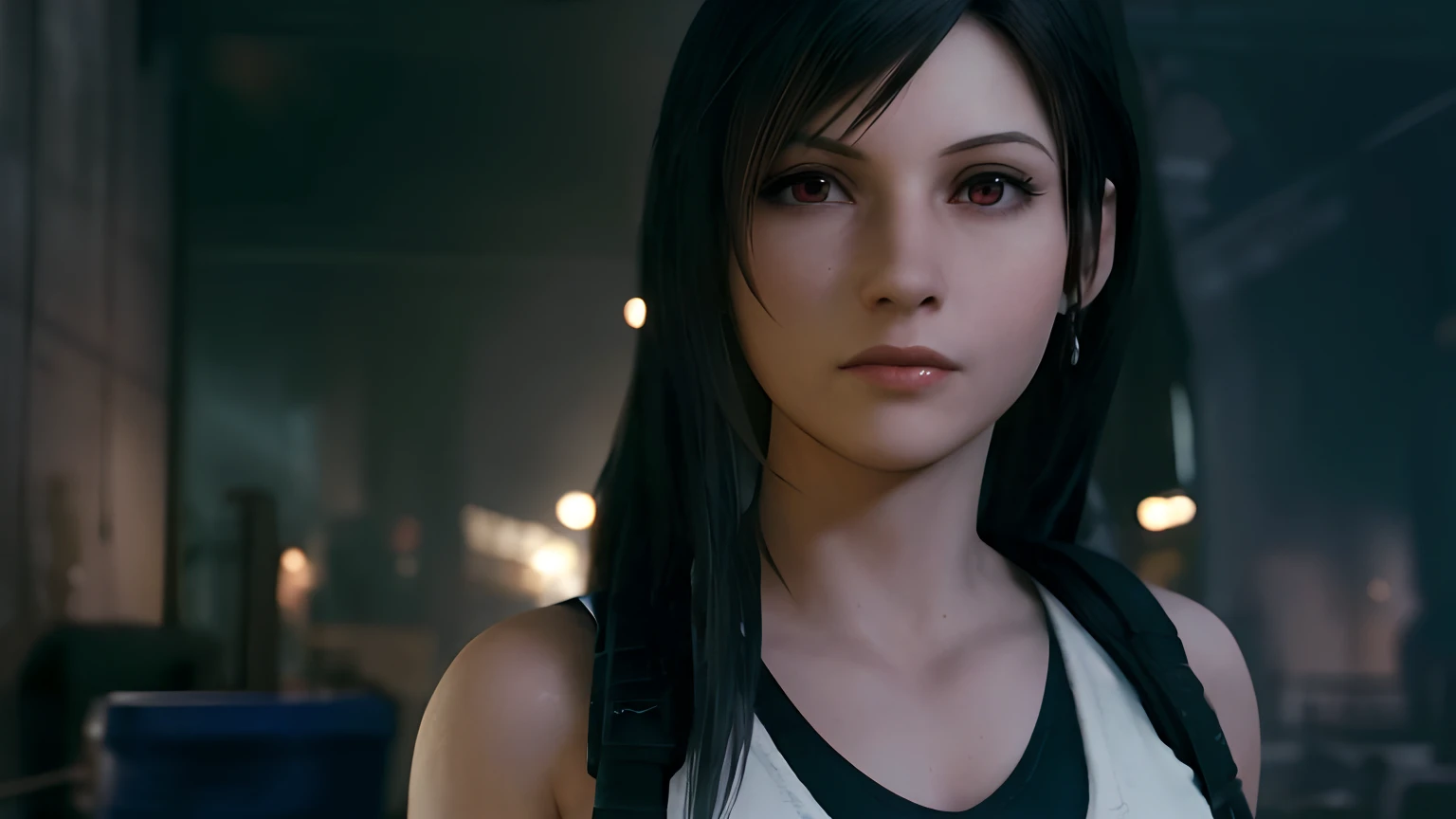 a close up of a person with a backpack and a white shirt, tifa lockhart, portrait of tifa lockhart, tifa lockhart portrait, tifa, tifa lockheart, tifa lockhart with white hair, seductive tifa lockhart portrait, from final fantasy vii, glamorous tifa lockheart, from final fantasy, from ff7, final fantasy face