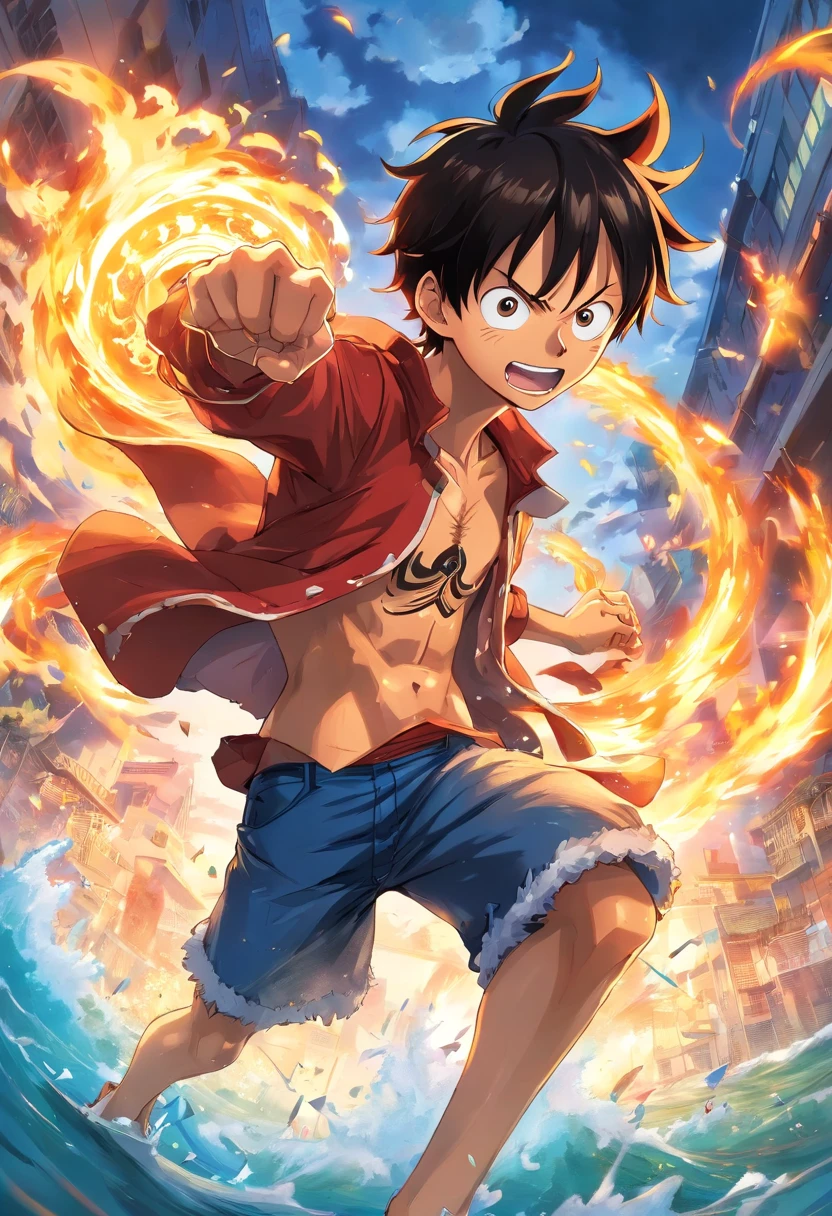 Create an exciting poster with Luffy from "one piece" em um ataque de raiva, wolf-headed. Capture the essence of his fiery determination and unyielding spirit as he unleashes his wrath on his enemies. Mantenha-o curto, ousado, e intenso para transmitir o poder bruto da raiva de Luffy. boy, anime