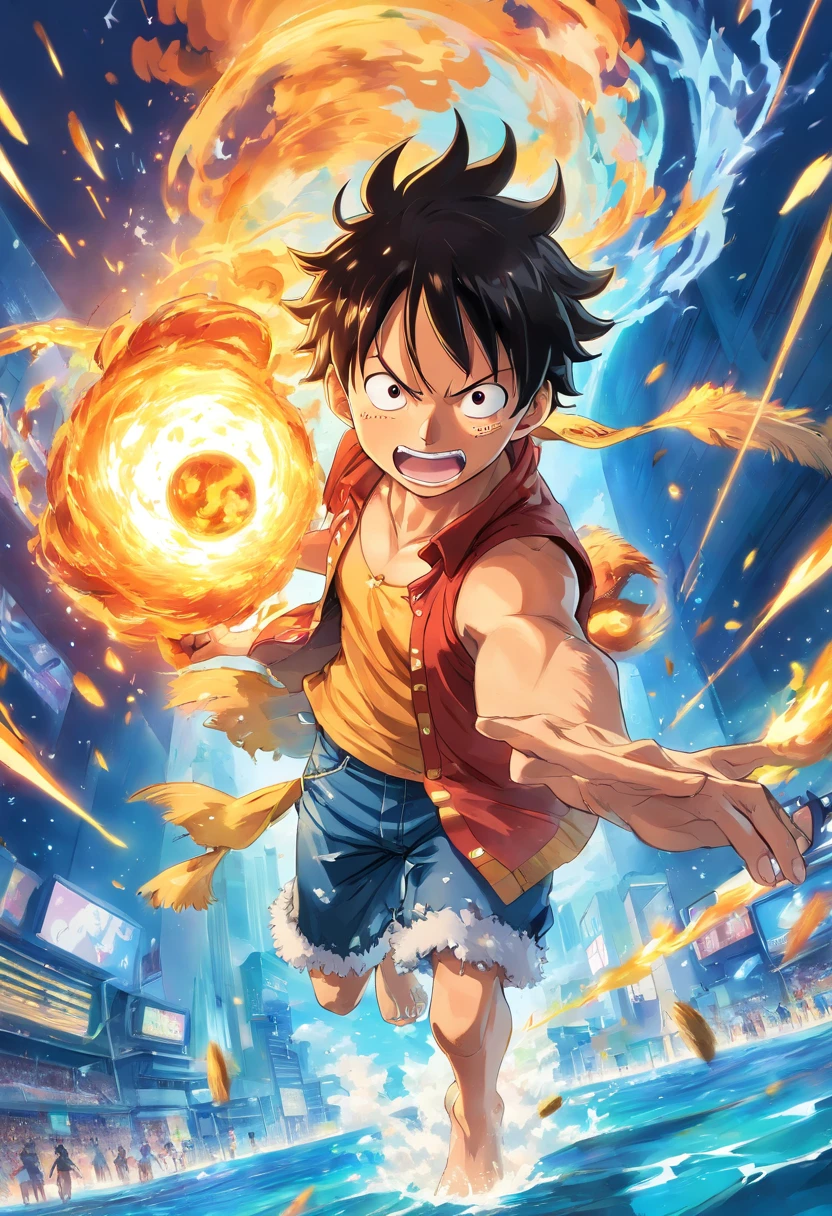 Create an exciting poster with Luffy from "one piece" em um ataque de raiva, wolf-headed. Capture the essence of his fiery determination and unyielding spirit as he unleashes his wrath on his enemies. Mantenha-o curto, ousado, e intenso para transmitir o poder bruto da raiva de Luffy. boy, anime