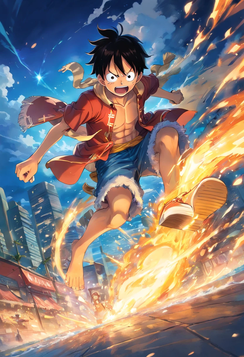 Create an exciting poster with Luffy from "one piece" em um ataque de raiva, wolf-headed. Capture the essence of his fiery determination and unyielding spirit as he unleashes his wrath on his enemies. Mantenha-o curto, ousado, e intenso para transmitir o poder bruto da raiva de Luffy. boy, anime