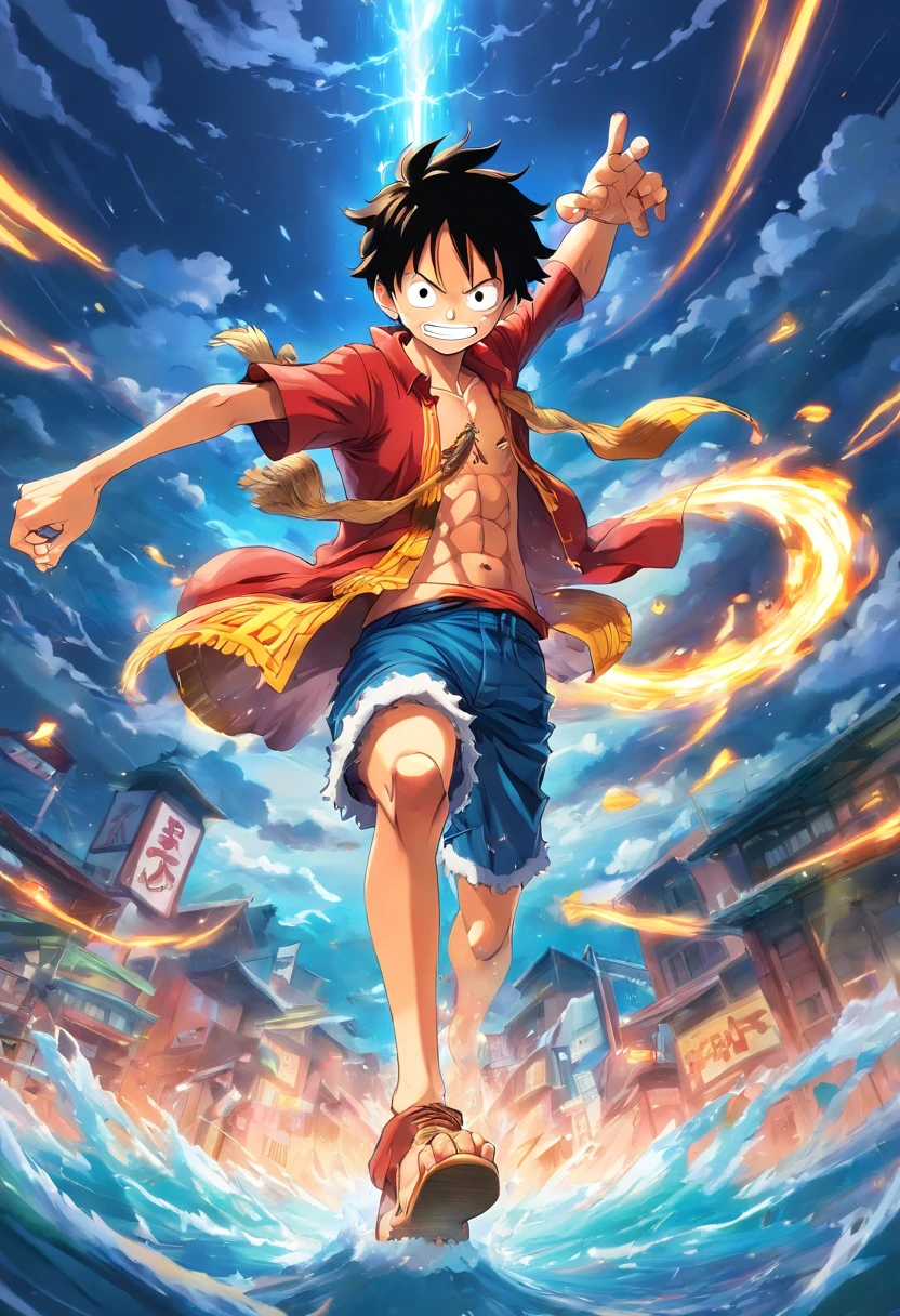 Create an exciting poster with Luffy from "one piece" em um ataque de raiva, wolf-headed. Capture the essence of his fiery determination and unyielding spirit as he unleashes his wrath on his enemies. Mantenha-o curto, ousado, e intenso para transmitir o poder bruto da raiva de Luffy. boy, anime