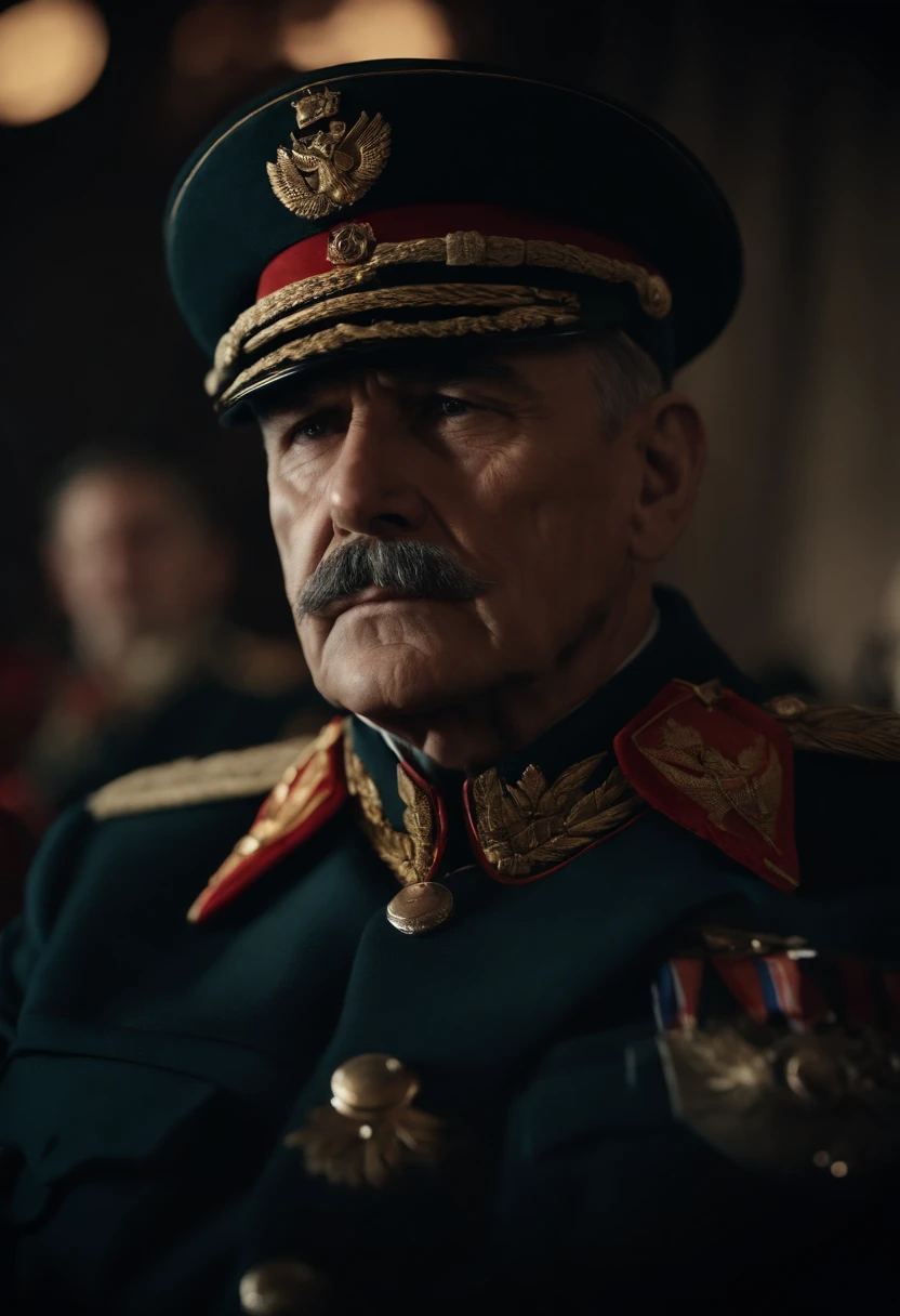 period piece masterpiece, Capture the somber atmosphere with low lighting and muted colors, focusing on Stalin's still figure amidst the frantic activity of those around him, background cinematic, hyper realistic, ultra detailed hyper realistic, photorealistic, Studio Lighting, reflections, dynamic pose, Cinematic, historical accuracy, Color Grading, Photography, Shot on 50mm lens, Ultra-Wide Angle, Depth of Field, hyper-detailed, beautifully color, 8k