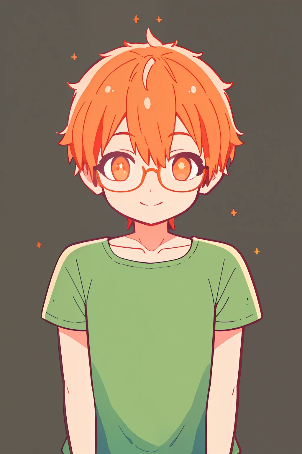 (Best quality,Masterpiece:1.2),Detailed eyes,A focused smile, Solo composition,Short green T-shirt,Orange iris,Short hair,wearing square glasses, Simple background, The subject is located at the bottom of the image.