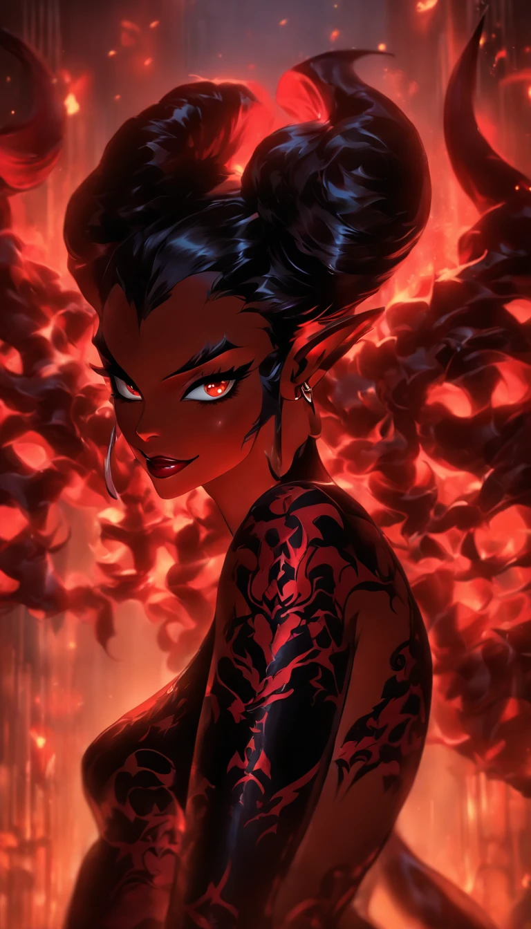 (best quality,4k,8k,highres,masterpiece:1.2),ultra-detailed,(realistic,photorealistic,photo-realistic:1.37),hot thicc succubus mama with long black hair, intense black lips, wearing a revealing black leather outfit adorned with BDSM elements. Her attire consists of a seductive bustier, accentuating her voluptuous figure. Her skin is a captivating shade of fiery red, exuding a demonic allure. Elegantly sprouting from her back are a pair of majestic demon wings, exquisitely detailed with intricate patterns. Atop her head, she possesses mesmerizing tiefling horns, exemplifying her otherworldly presence. The artwork should capture her enticing aura, showcasing her confidence and power. The light in the scene should emphasize the seductive curves of her body, casting dramatic shadows and highlights. The color palette should evoke a sense of darkness and desire, with rich contrasting tones of black, red, and deep maroons.
