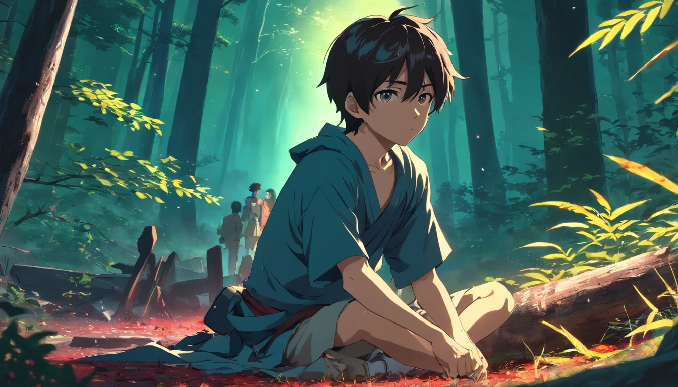 A very detailed photo of a young boy transformed into a anime style, he has grey eyes, shoulder length black hair, and he wears nothing but a  loincloth as he sits surrounded by dead bodies of medieval soldiers in a forest as his katana that is resting on his shoulder is covered in blood , dark backlit background highlighting the subject, dark-contrast colors, 4K high-definition quality, young, scarry handsome, horror