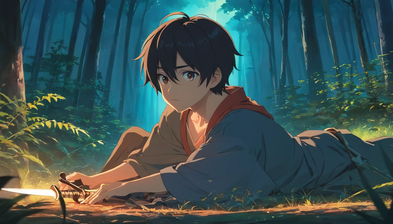 A very detailed photo of a young boy transformed into a anime style, he has grey eyes, shoulder length black hair, and he wears nothing but a loincloth as he sits surrounded by dead bodies of medieval soldiers in a forest as his katana that is resting on his shoulder is covered in blood , dark backlit background highlighting the subject, dark-contrast colors, 4K high-definition quality, young, scarry handsome, horror