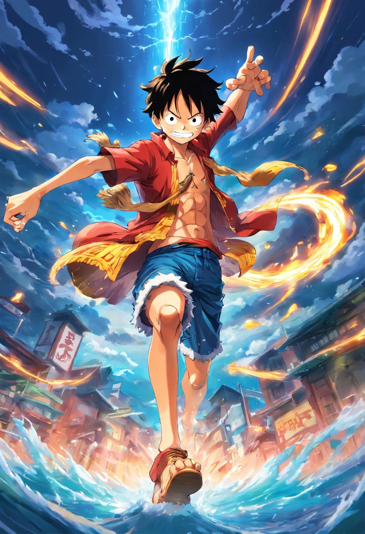 Create an exciting poster with Luffy from "one piece" em um ataque de raiva, wolf-headed. Capture the essence of his fiery determination and unyielding spirit as he unleashes his wrath on his enemies. Mantenha-o curto, ousado, e intenso para transmitir o poder bruto da raiva de Luffy. boy, anime