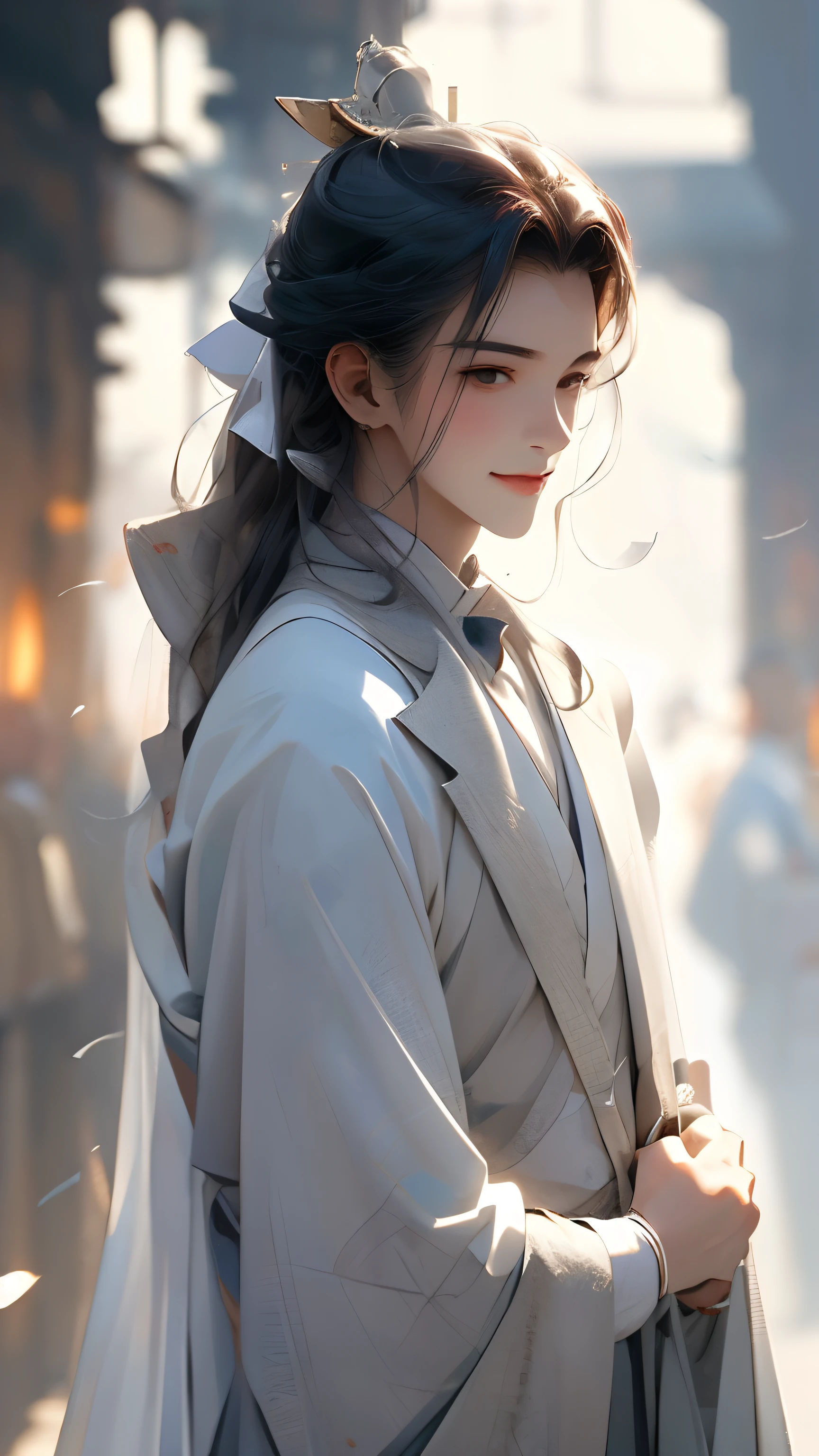 A man dressed in white，period costume，Folding fan in hand，The expression is smiling，Whole body out of the country，The background is the inn
