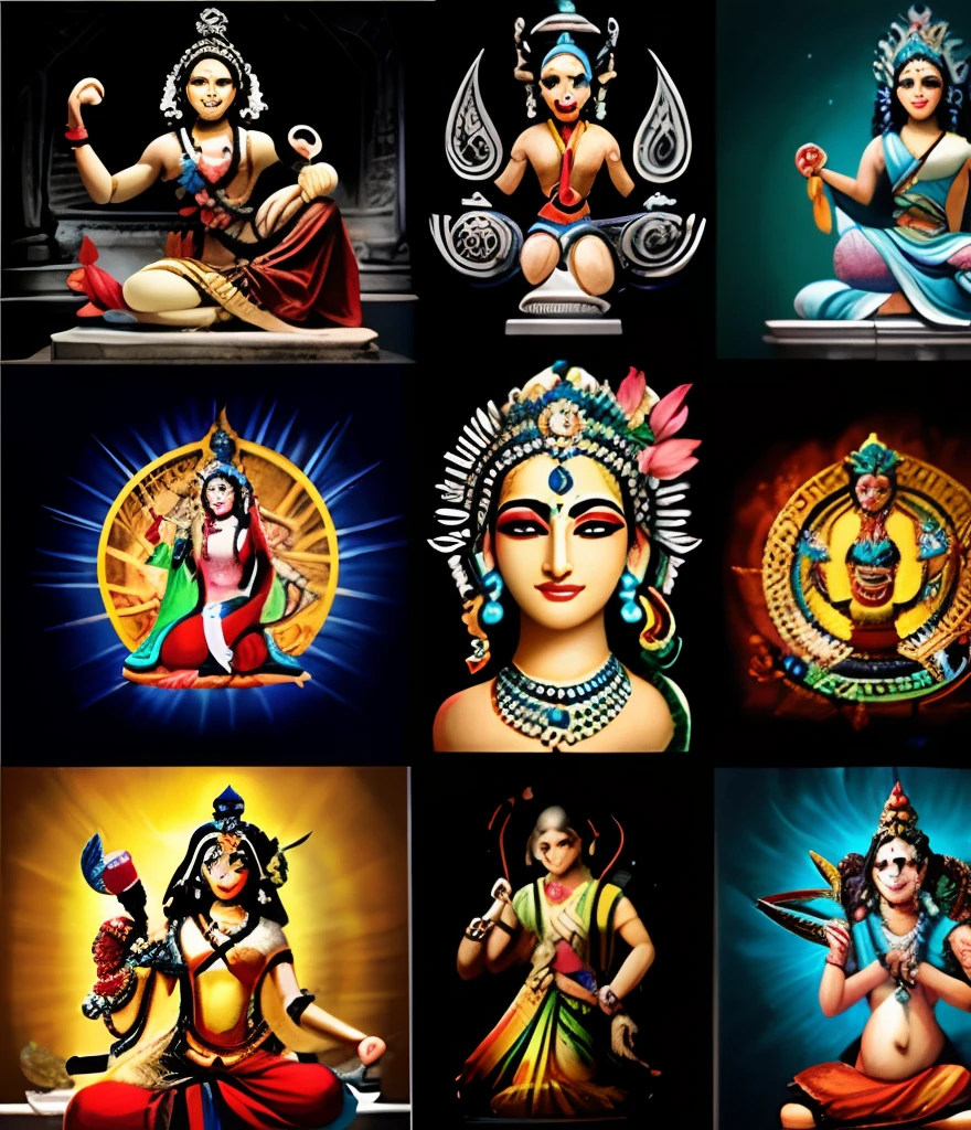 a collage of 3x3 pictures of the nine deities of the hindu religion, hindu gods, hindu aesthetic, hindu art, 3 spring deities, hinduism, hindu god, indian goddess of wealth, indian goddess, kali, goddess art, mythological painting, devainart, divine goddess, godesses, kalighat highly detailed, indian god, kalighat, godess