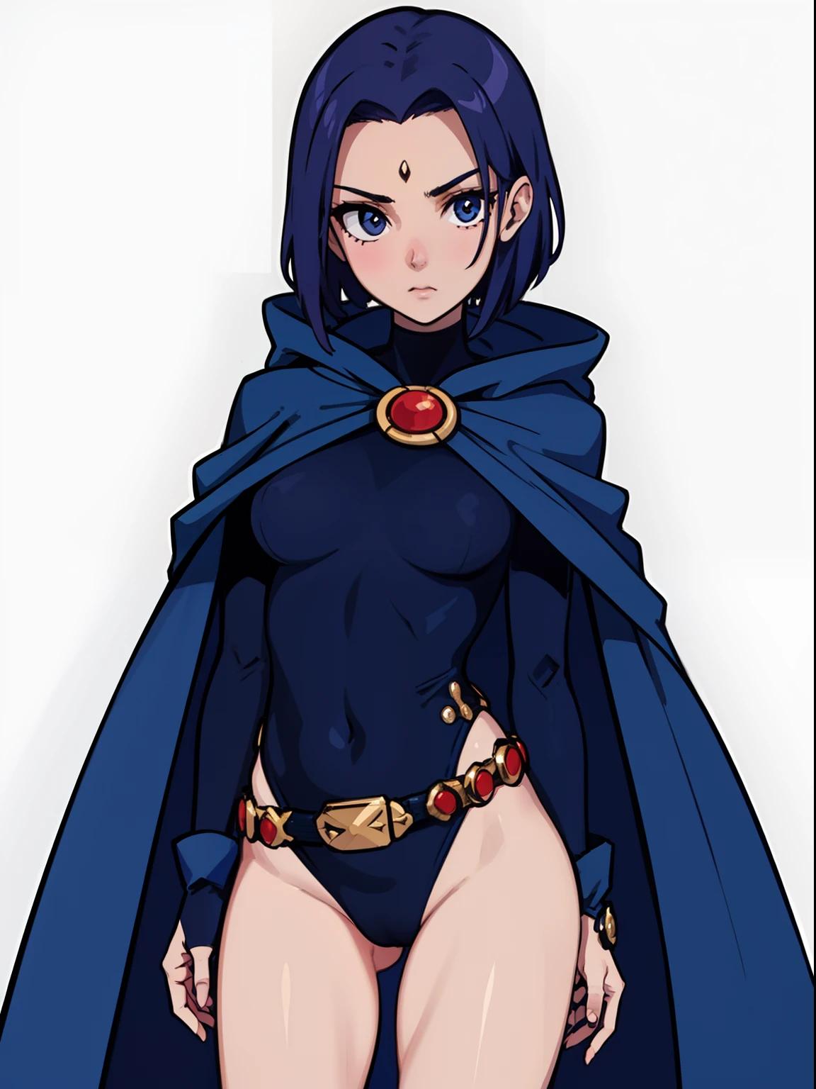 1girl,solo,(cowboy shot), RavenTT, navy-blue cloak, black leotard, brooch, belt,