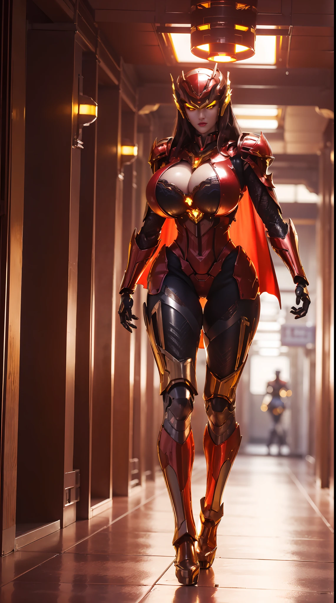 1GIRL, SOLO, (phoenix mecha helm:1.3), (BIG BUTTOCKS, HUGE BOOBS:1.4), (PHOENIX MECHA GUARD ARM, GLOVES), (Red, PHOENIX MECHA CYBER SHINY ARMORED SUIT, ROYAL CAPE, CLEAVAGE, MECHA SKINTIGHT PANTS, GUARD ARMOR LEGS, HIGH HEELS:1.4), (MUSCULAR BODY, SEXY LONG LEGS, FULL BODY:1.5), (MUSCLE ABS:1.2), (LOOKING AT VIEWER:1), (WALKING DOWN HALLWAY OF FUTURISTIC SPACE STATION:1.3), PHYSICALLY-BASED RENDERING, ULTRA HIGHT DEFINITION, 16K, 1080P.