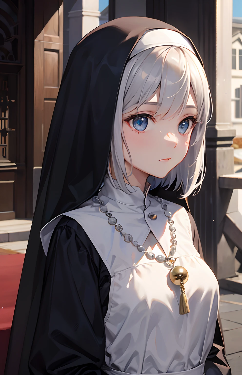 masterpiece,Top image quality,hight resolution,imagem 4k,Raw photo,Photorealsitic,{Solo},s girl,silber hair,hime-cut,stare at each other,Blue eyes,小柄,,prayer beads,chies,nun clothes,,boyish,Cultivated woman,