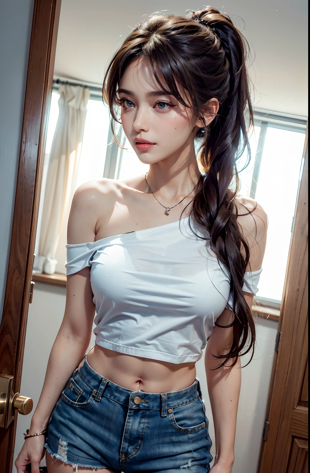 1womanl,Brown hair, japanes,((Impatient expression)),Beautiful breasts,((Thin plain white tube top T-shirt,falda corta)),slender style,,(Facing the front)(((Blushing cheeks、Surprised look)),(((Braids))),((( Portrait on the knee))),Blue eyes,(((Bangs are aligned)))(())