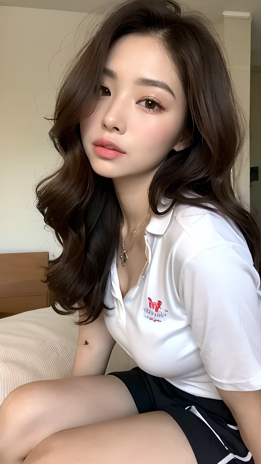 ((best qualtiy, 8K, tmasterpiece:1.3)), Focus:1.2, perfect figure beautiful woman:1.4, Cocked buttocks:1.2, ((Random Long Thick Hairstyle) ((Brown Wavy Hair In Big Curls))（Long white legs：1.3，(Polo shirt With Shorts:1.2) , (inside in room: 1.2), Highly detailed facial and skin texture, A detailed eye, 二重まぶた，Whiten skin，（Straight big breasts：1.3), looking at camera, Wear a necklace，