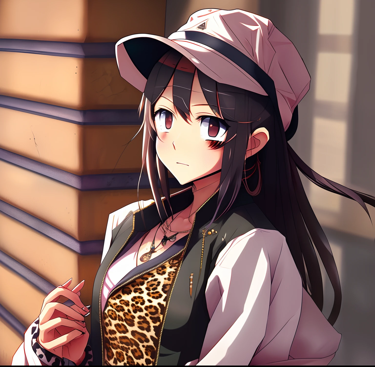 Girl with long black hair、Loose black jacket on the shoulders、White tank top with thin straps (Anime style) 、Wearing a leopard-print hat、eyes large、By Shinkai Makoto