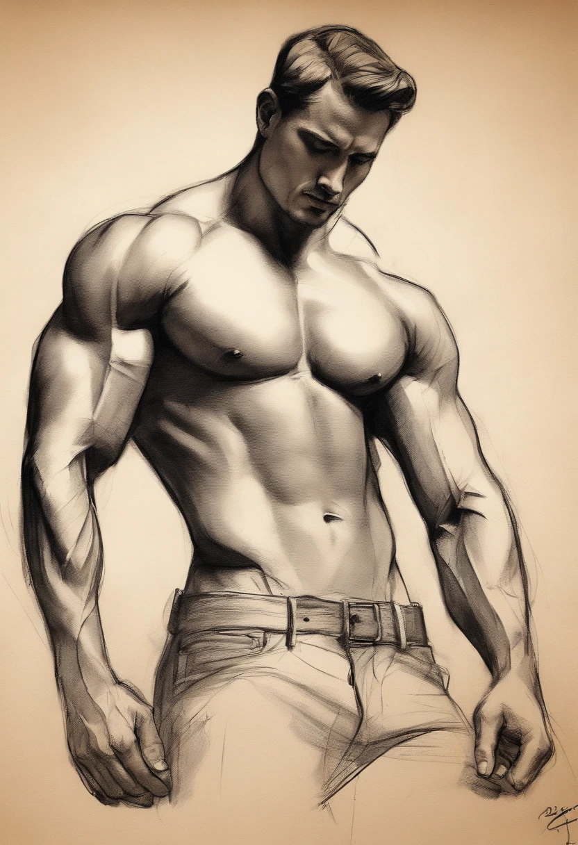 Rough charcoal sketch on old paper, The figure of a man with a muscular upper body,It is only drawn from the top of the head to the muscles of the lower back,clean line drawings,Paint in an expressive sketch style, hatching, black and white sketch, handdraw, sketching, Linear Style::sketch notes style sketch, Linear Style::Sketch annotation style