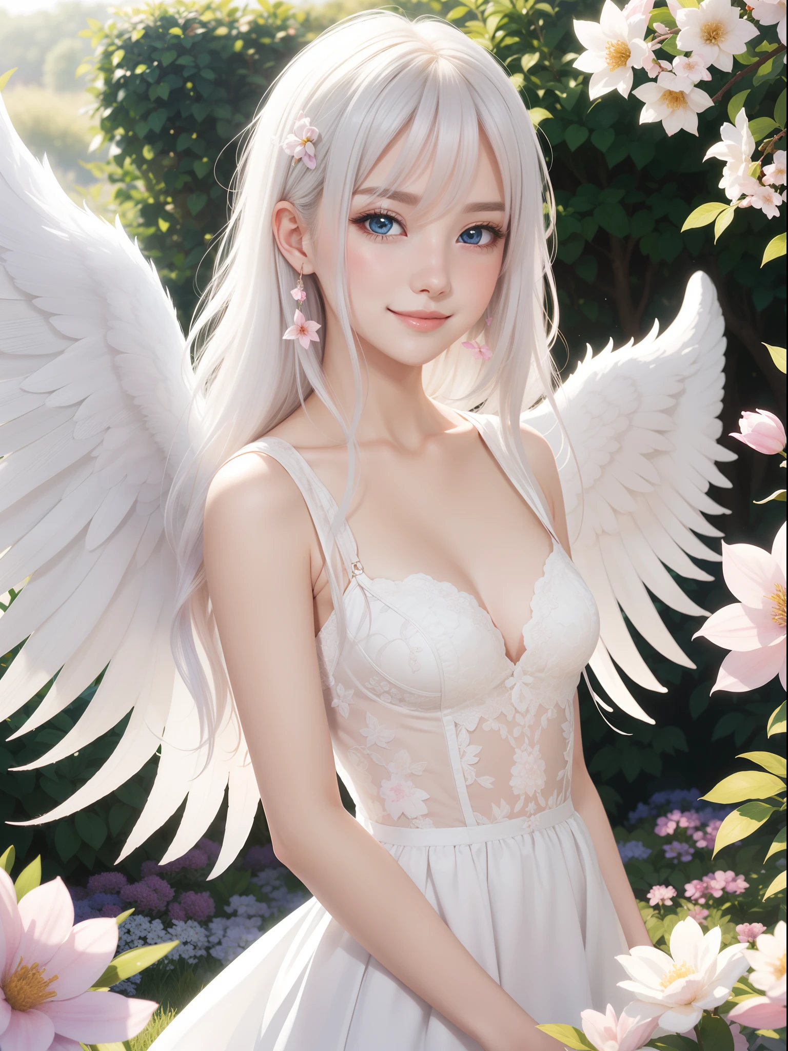 (best quality,ultra-detailed),white-haired anime girl,white angel wings,illustration,soft pastel colors,feminine,fantasy,delicate facial features,happy expression,youthful appearance,detailed eyes and lips,pink blush on cheeks,long flowing hair,peaceful garden background,vibrant flowers,gentle sunlight,graceful pose.