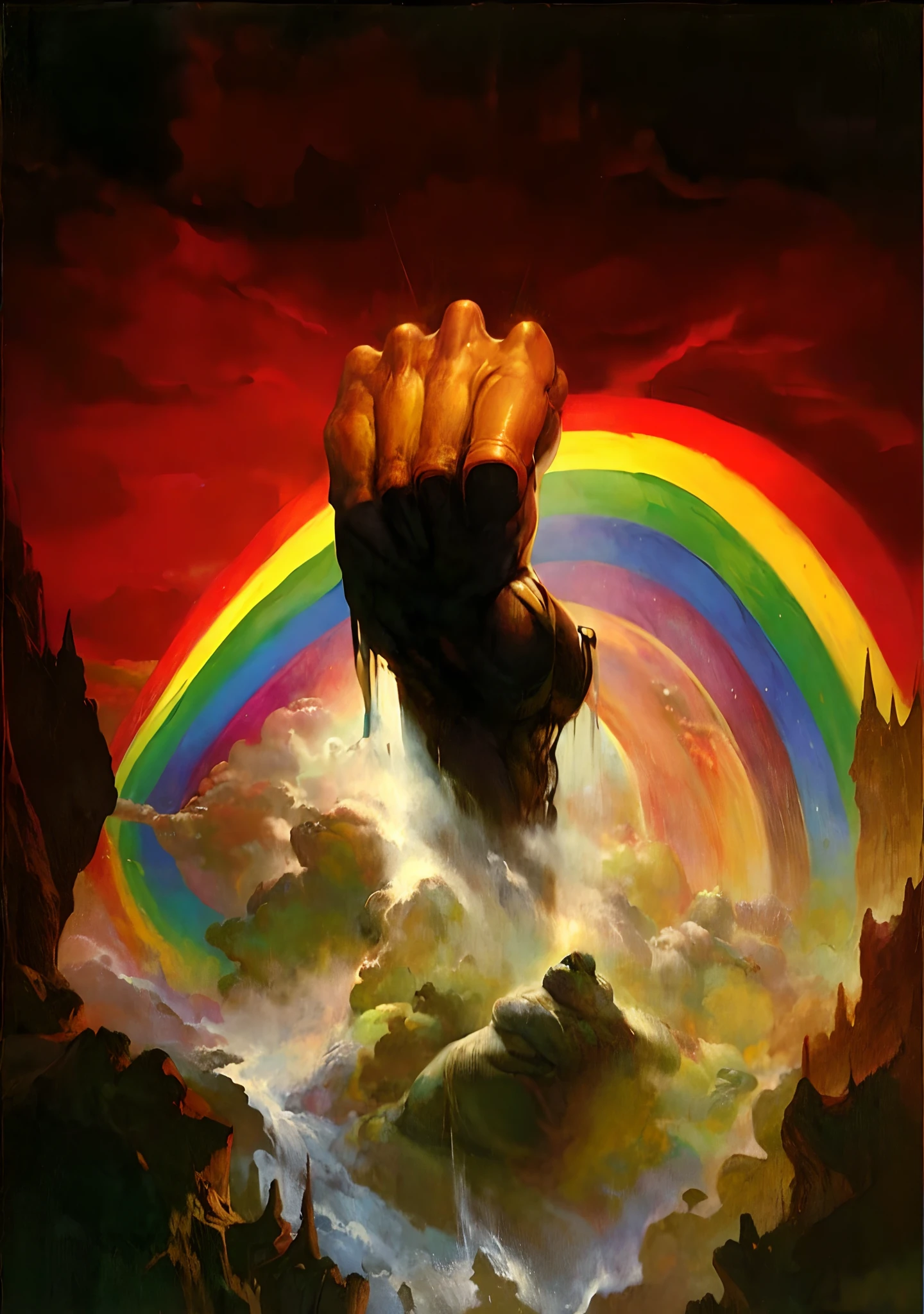 painting of a rainbow over a rainbow - colored mountain with a bear, by Jim Burns, by Tim Hildebrandt, by Greg Hildebrandt, franz frazetta, by Tim and Greg Hildebrandt, michael whelan and gustave done, progressive rock album cover, virgil finlaytim hildebrandt, inspired by Frederic Church, michael whelan art, still of rainbow ophanim, frazetta