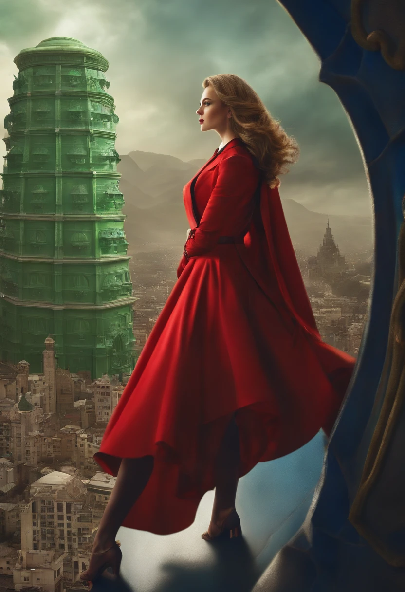 Imagen de cuerpo completo, En pie, Princesa Zelda gigante, (Rojo con traje plateado:1.5), como Ultrahombre, Pechos inmensamente grandes1, Traje de cuerpo muy ajustado, Maquillaje pesado en su cara, Joya azul claro en la coraza, casco en la cabeza, red lipstick in the mouth, (Ella ojos verdes:1.5, cabello azul:1.5), Mirando al espectador desde el frente, She is in a futuristic city with several monsters attacking the buildings.., tokusatsu, Ultrahombre, Anime style, cinematic lighting, 16k, UHD, Obra maestra, La mejor calidad, Detalles altos