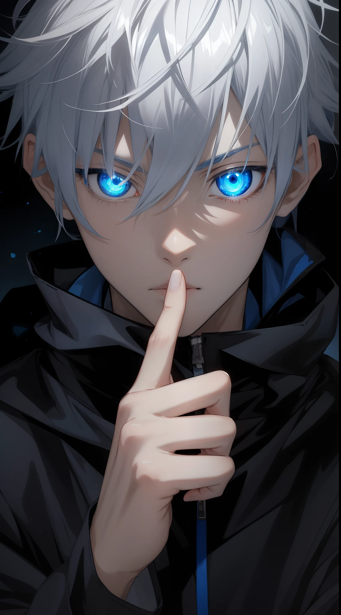 anime boy with white hair and blue eyes holding his finger to his mouth, tall anime guy with blue eyes, with index finger, with blue eyes!!!!, silver eyes full body, anime wallaper, clear blue eyes, with glowing eyes, silver eyes, with vivid blue eyes, blue eye. anime, blue eyes!!, kaworu nagisa, with blue eyes
