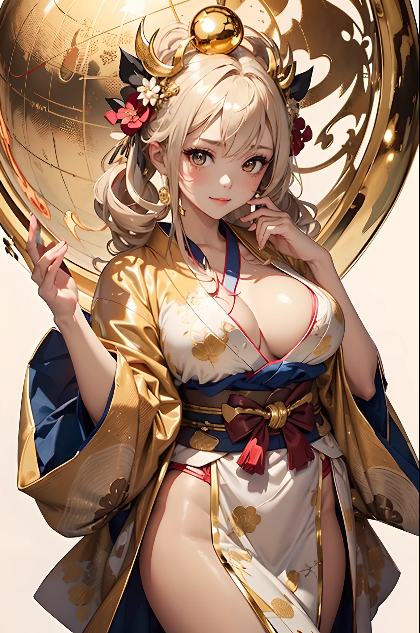 (masterpiece1.5),hyper quality, Hyper Detailed,Perfect drawing,(((Beautiful girl in kimono kissing huge golden sphere)))、1girl in,A dark-haired、poneyTail、Red ribbons、hanging eyes but cute、Samurai attire、Samurai、very Bigger breasts,kawaii ,With smiling eyes,(Beautiful golden luxury lingerie),(((Shiny giant golden sphere))),(((Skinny kimono made of latex))),((Oily shiny kimono)),((shinny skin)),((Oily skin)),。.。.3D,16K illustrations,((clearface)),Hi-Res,nice background、(((beatiful backgrounds)))、(((Detailed drawing)))、Perfect Beautiful Girl、(((Perfect Photo)))、kirakira、shiny、shiny、Tecateca、illustrious、golden colored、gold、Golden Jade、Dazzling、Reflectors、a gorgeous、high-class sense