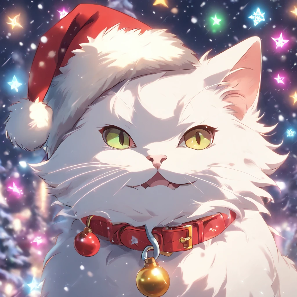 White Cat Christmas,biologically correct,Cat in Santa hat,Very fun,Collar with bell