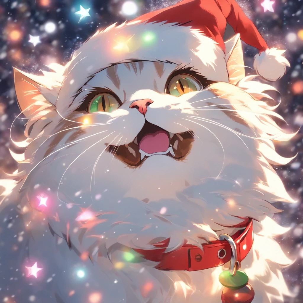 White Cat Christmas,biologically correct,Cat in Santa hat,Very fun,Collar with bell