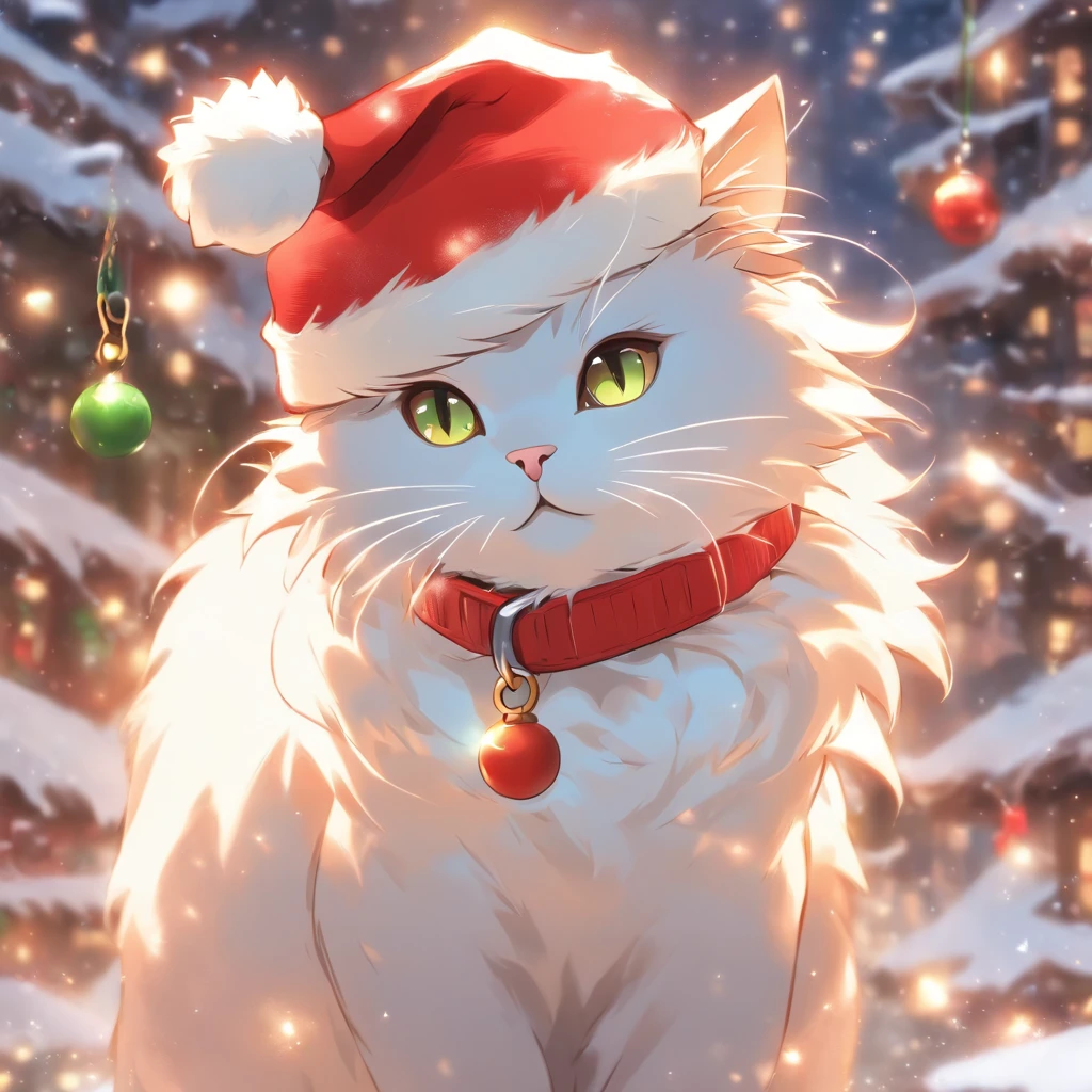 White Cat Christmas，biologically correct，Cat in Santa hat，Very fun，Collar with bell