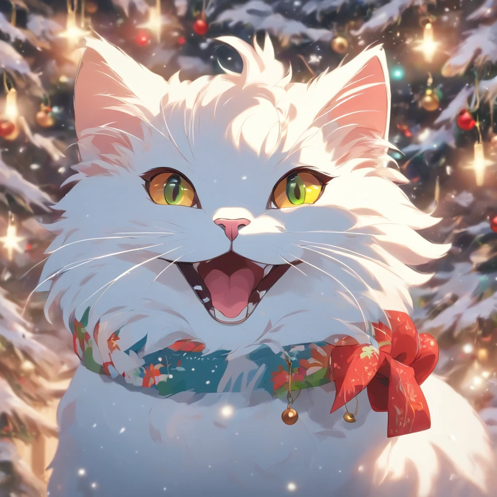 White Cat Christmas,biologically correct,Cat in Santa hat,Very fun,Collar with bell