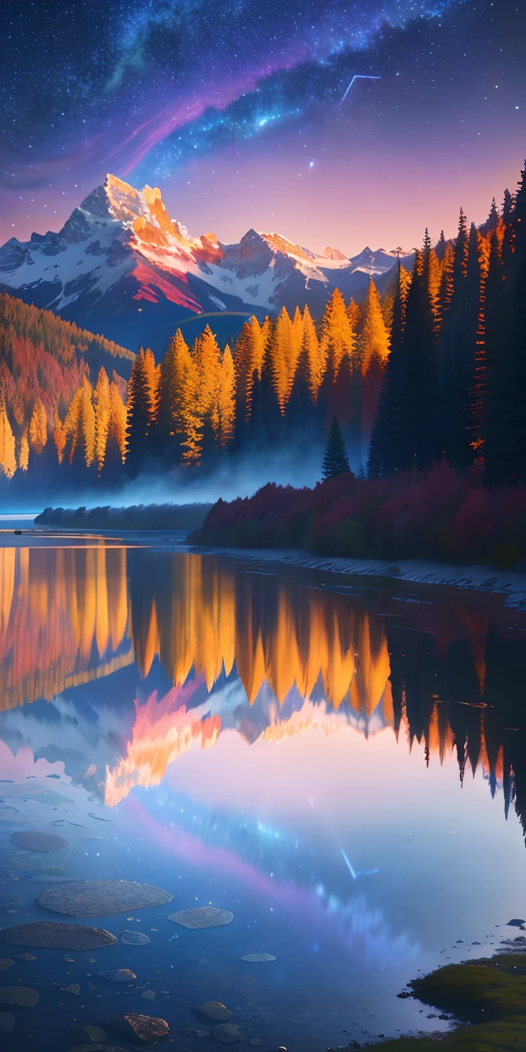 Masterpiece, 8K wallpapers, Extremely detailed, Best quality, High quality, Paysages. ((Colorful Sky)), nuage, (((pleine lune, Nebula and Background Stars))), (Haute montagne), panorama, , detail enhancement, detail enhancement, impeccable. award-winning photograph, profondeur de champ, Hdr, photorealism, highly detailed, complexe, High detail, dramatique, ((image couleur)), ((image unique)), Nuit, Realstic, ((Couleurs vives)), ((rayons lumineux, Rayons)), Mini River, Reflective image in water,