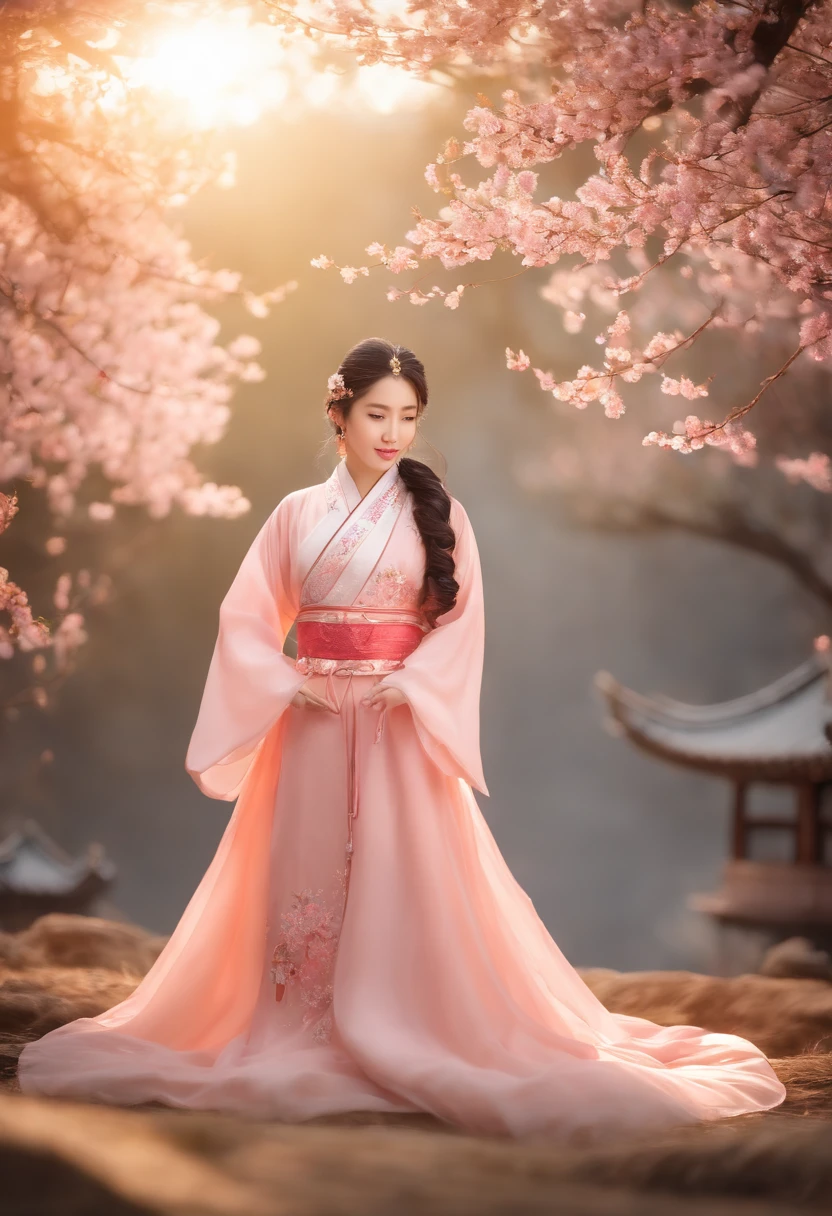 Superb Quality, Masterpiece, High Resolution, 1Girl, Blush, (Charming Smile: 0.8), Star Eyes, Chinese Hanfu, Hair Accessories, Jewelry, Beauty, on_body, Tyndall Effect, Realistic, Peach Blossom Forest, Light Edge, Two-tone Lighting, (High Detail Skin: 1.2), 8K UHD, DSLR, Soft Light, High Quality, Volume Lighting, Voyeur, Photo, High Resolution, 4K, 8K, Background Blur