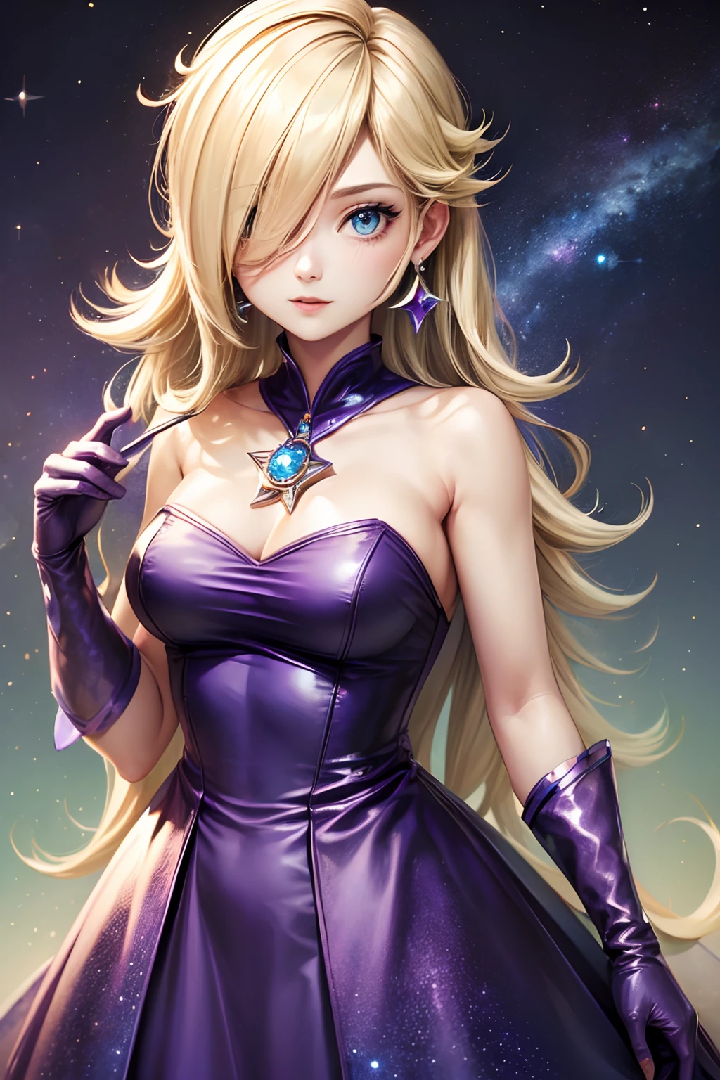 ((high detailed, best quality, 4k, masterpiece, hd:1.3)), rosalina, purple dress, sleeveless, galaxy themed dress, purple gloves, galaxy backdrop