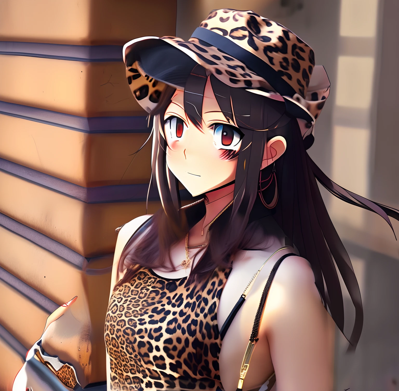 Leopard print hat、Black dress