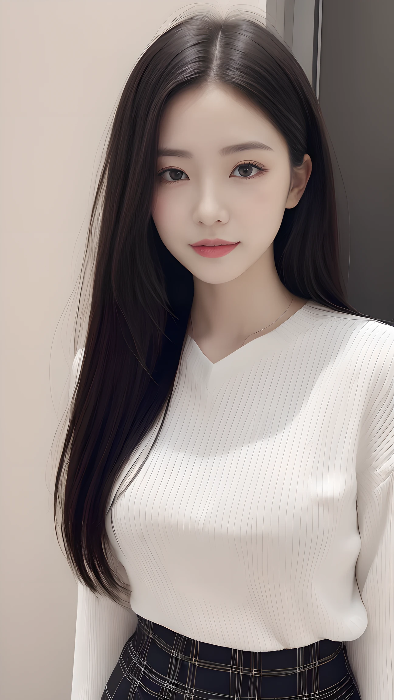 , long windblown [blue-black:.3] hair,looking at viewer, (masterpiece:1.3), (8k, photorealistic, RAW photo, best quality: 1.4), japanese, (1girl), beautiful face, (realistic face), (black hair, medium hair:1.3), beautiful hairstyle, realistic eyes, beautiful detailed eyes, (realistic skin), beautiful skin, attractive, ultra high res, ultra realistic, highly detailed, golden ratio, white sweater and plaid skirt, upper body, sagging breasts,