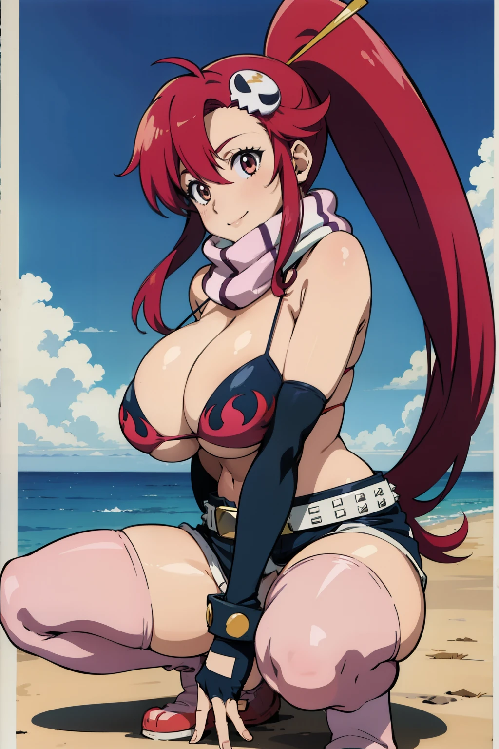 anime cels style, best quality, high resolution, outdoors, 1girl, yl1, ponytail, scarf, bikini top only, short shorts, midriff, belt, fingerless gloves, skull hair ornament, elbow gloves, pink thighhighs, (huge breasts:1.2), smile, beautiful face, squatting, spread legs, (from side:0.8)