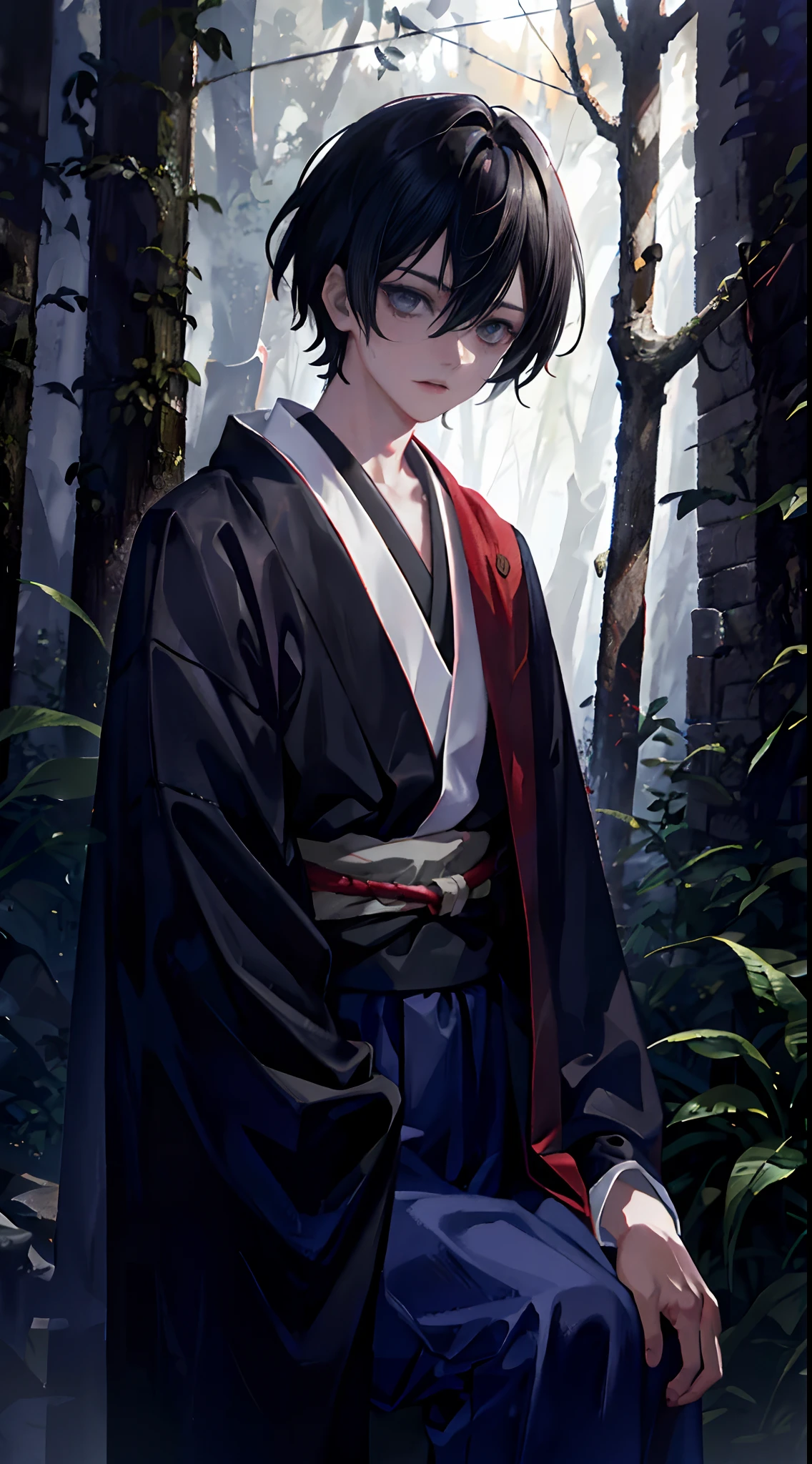 A very detailed photo of a young boy transformed into a anime style, he has grey eyes, shoulder length black hair, and he wears nothing but kimono as he sits surrounded by dead bodies of medieval soldiers in a forest as his katana that is resting on his shoulder is covered in blood , backlit background highlighting the subject, light-contrast colors, 4K high-definition quality, young, scary, horror